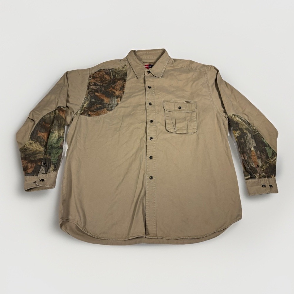 Wrangler Pro Gear Mens XXL Camo Shooting Hunting Shirt Tan Cotton Long Sleeve
